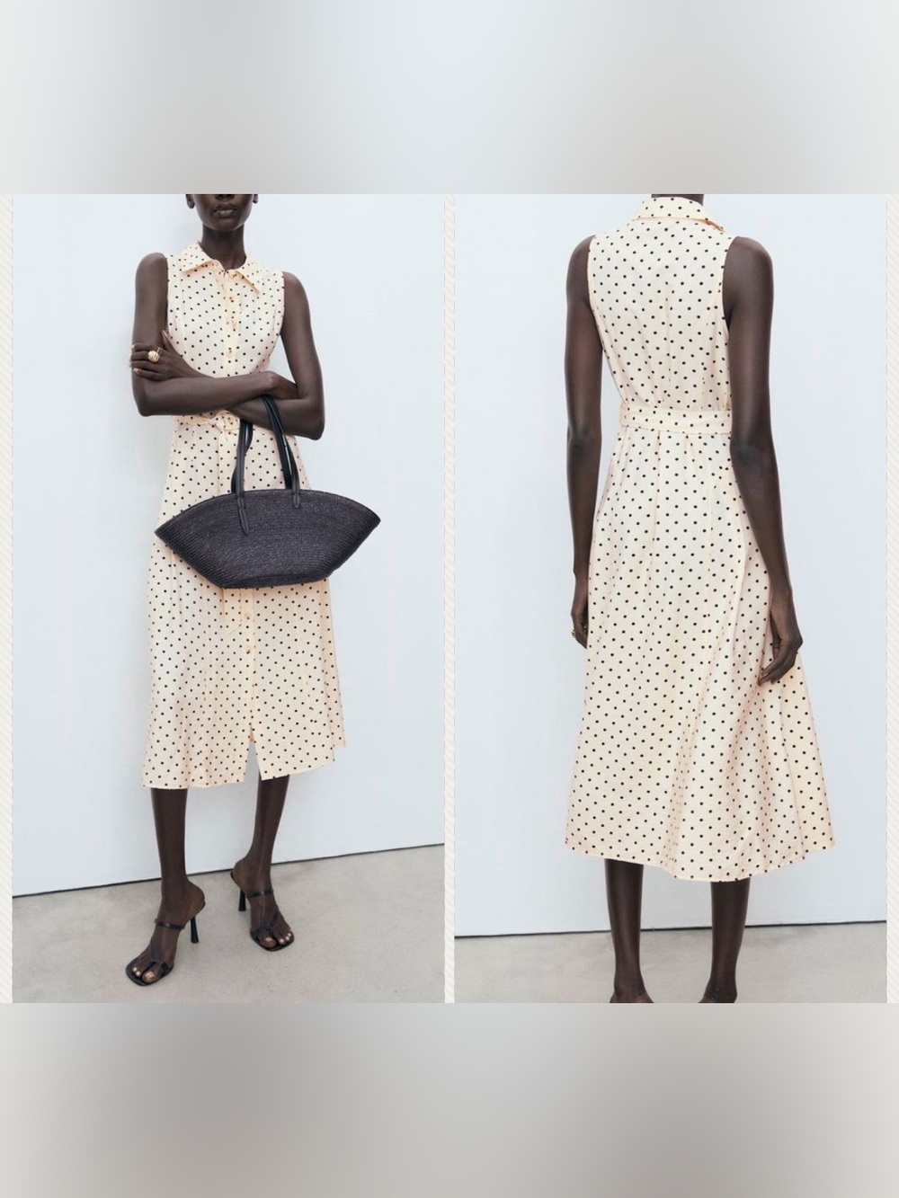 Mango Cream Sleeveless Polka Dot Collared Midi Dress